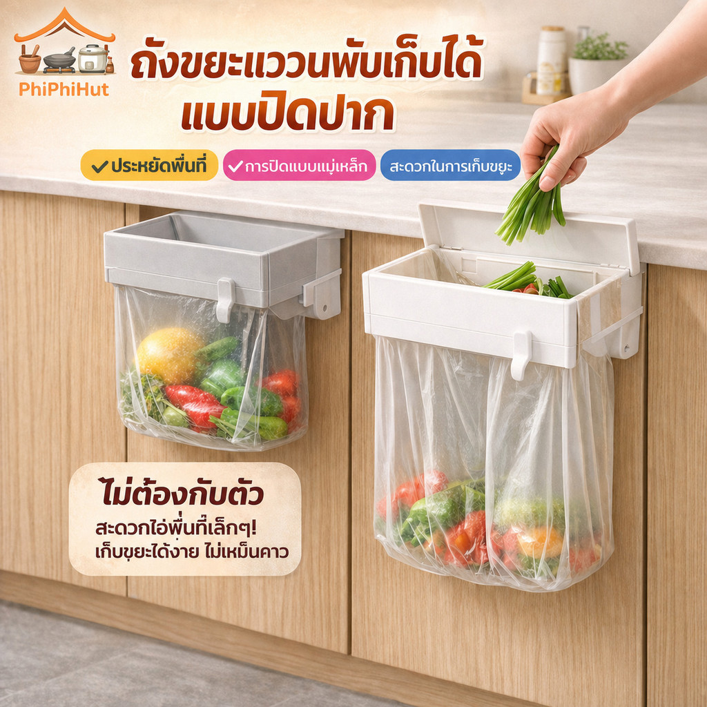 PPH ถังขยะแขวนพับเก็บได้แบบปิดปาก ชั้นวางขยะในครัว ถังขยะ แบบติดผนัง