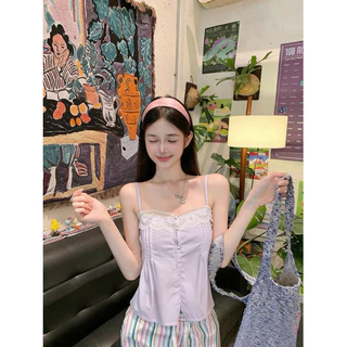 Cherry🍒พร้อมส่ง🎵เสื้อสายเดี่ยวผู้หญิงรุ่นคอปกคลุมมีลูกไม้และระบายตกแต่งสไตล์เกาหลี ดีไซน์สวยปัง ตัวรัดเอวทันฤดูร้อน