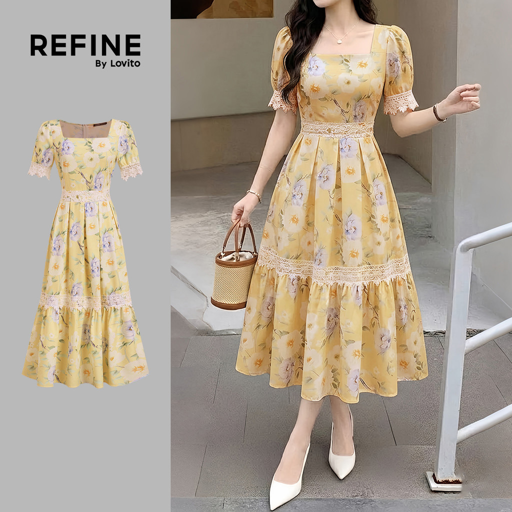 (Refine by Lovito) เดรสโบฮีเมียนผ้าเย็บลายสําหรับฤดูร้อนสีเหลืองสําหรับผู้หญิง LR38E005