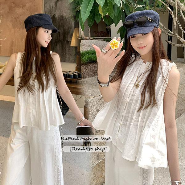 mimi&didi[สินค้าพร้อมส่ง]เสื้อกั๊กผ้าลินินแขนกุดระบายหวานๆ ฤดูร้อน น่ารัก สำหรับผู้หญิง สวย ใส่สบาย ดีไซน์เรียบง่าย#W723