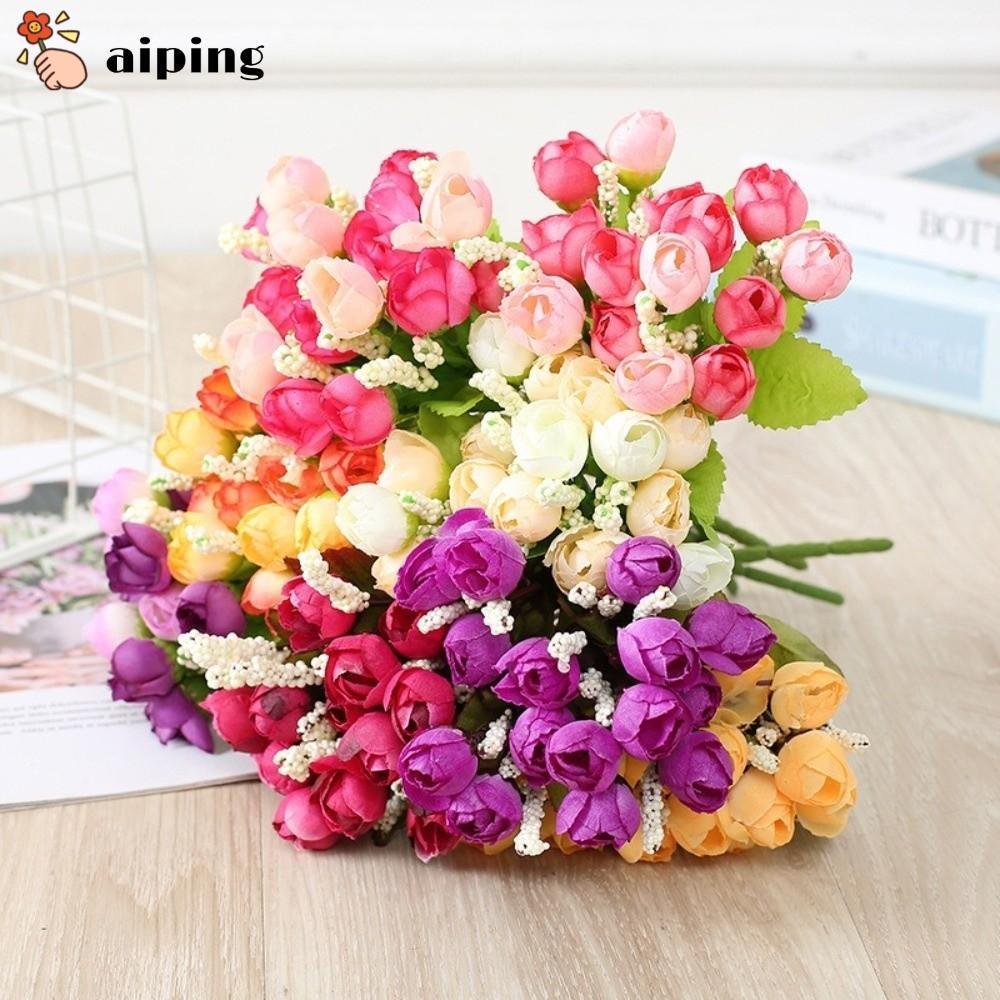 AIPING Rose ดอกไม้ประดิษฐ์,พร้อมก้านจําลอง Faux Roses ช่อดอกไม้, Creative 15 หัวช่อดอกไม้ตกแต่งงานแต่งงาน