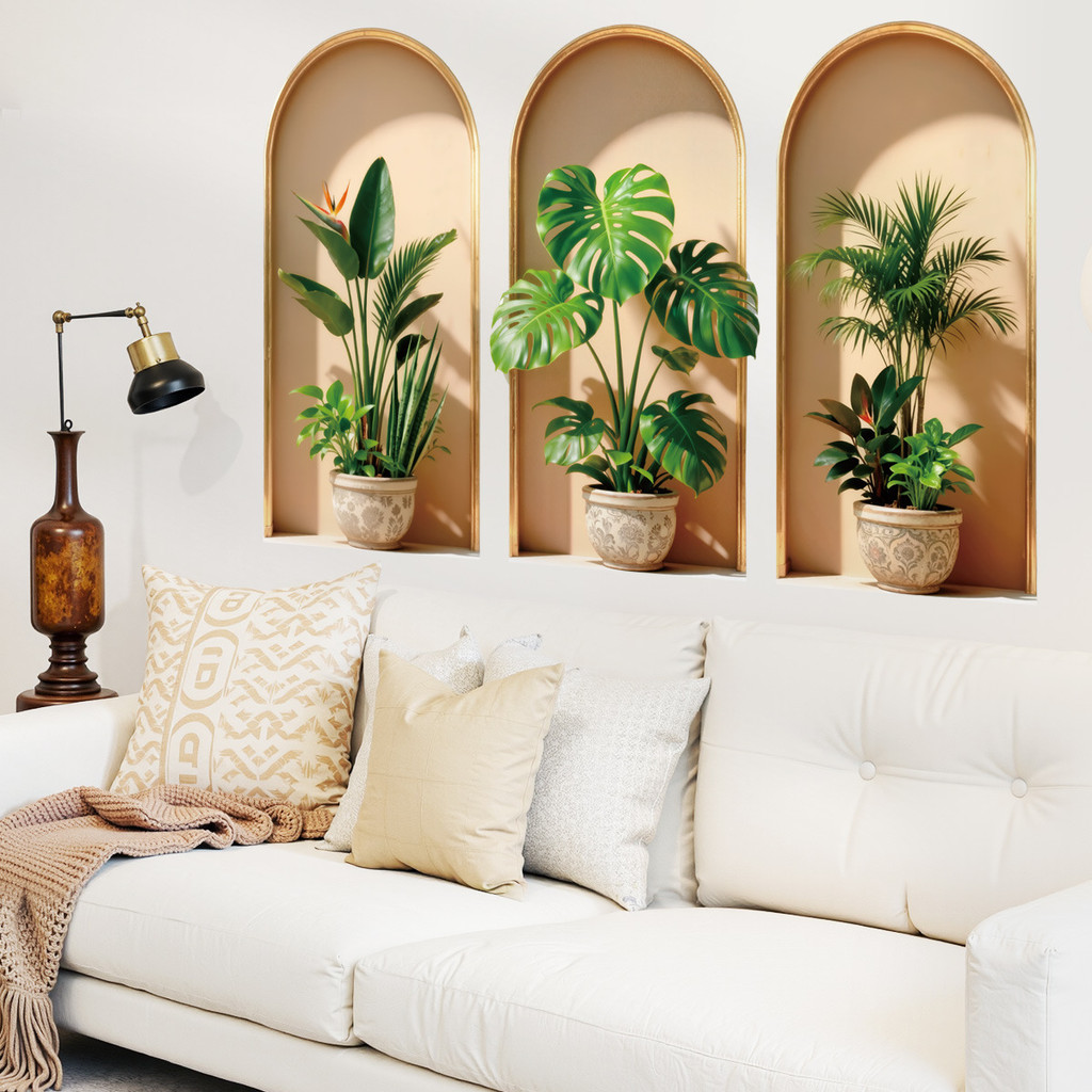 พืชประดิษฐ์กระถางสีเขียว Leaf สติ๊กเกอร์ติดผนัง Monstera ใบภาพจิตรกรรมฝาผนัง Decals