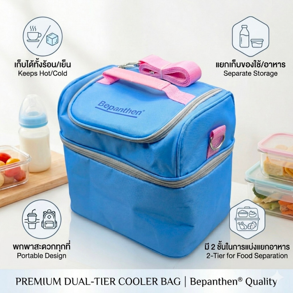 กระเป๋าปิกนิก เก็บความร้อน เก็บความเย็น ขนาดใหญ่ มี 2 ชั้น ขนาด สุง 21.5cm. ยาว 25cm. กว้าง 15cm. PC