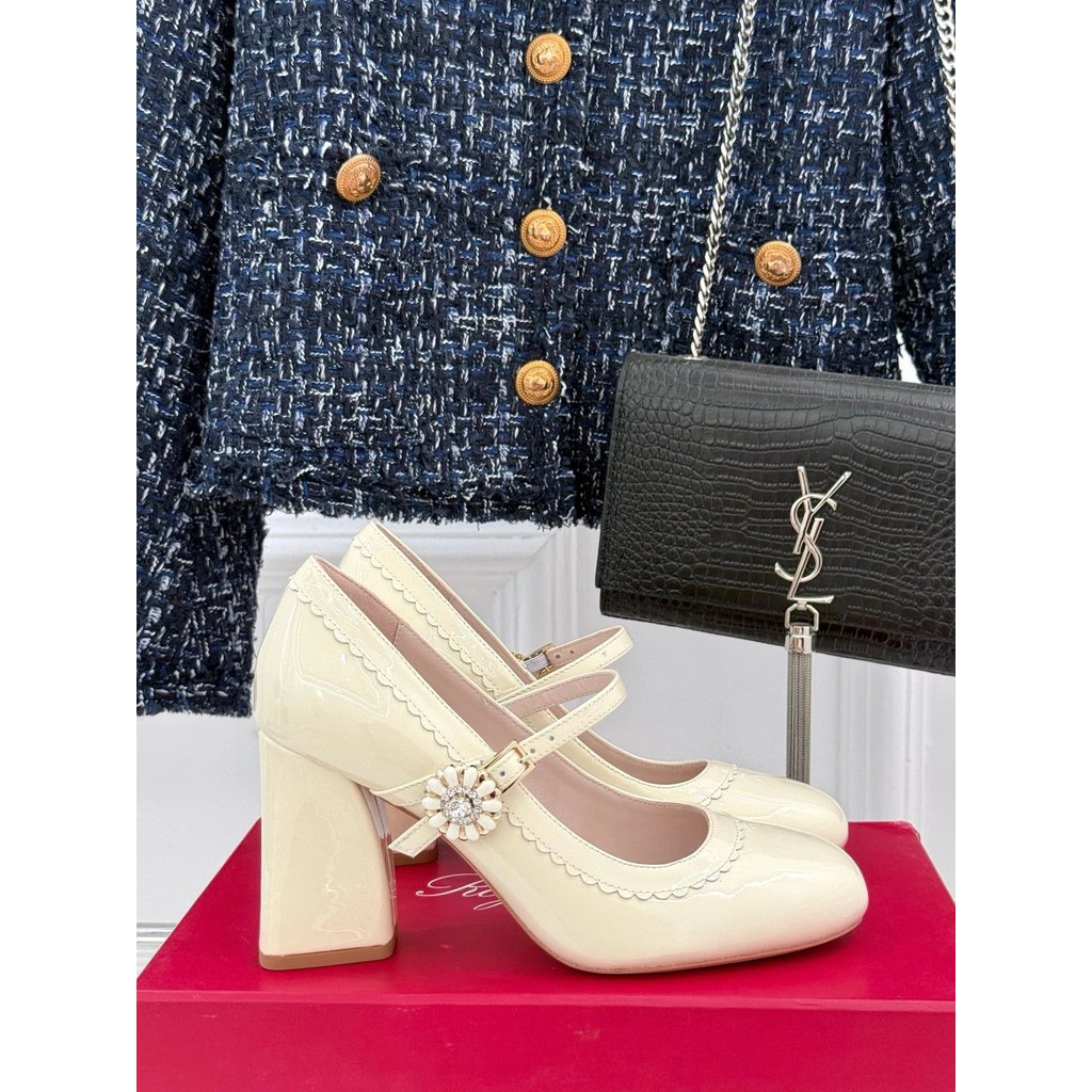 2025.4.2-8.5 ซม.ส้น Roger Vivier/RV Classic Rhinestone Buckle Mary Jane รองเท้า/รองเท้าส้นสูง