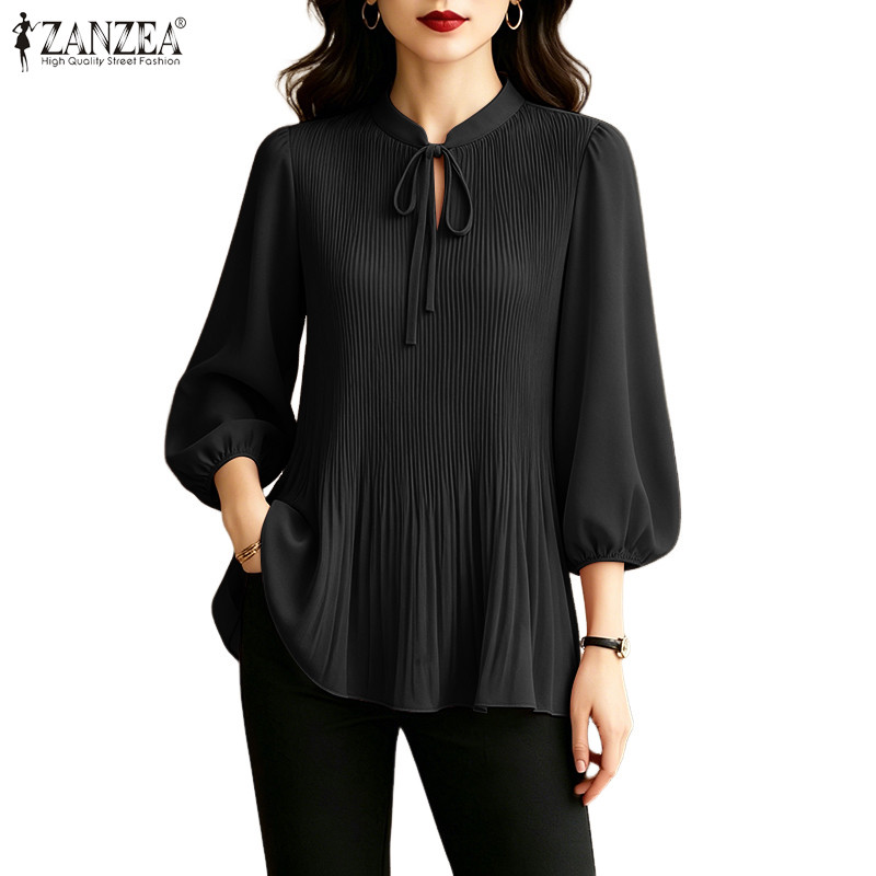 ZANZEA ใส่ ซานเซีย ผู้หญิงเกาหลีสบายๆ โอ คอครึ่งแขนหลวมจีบด้านหน้าผูกจีบเสื้อ