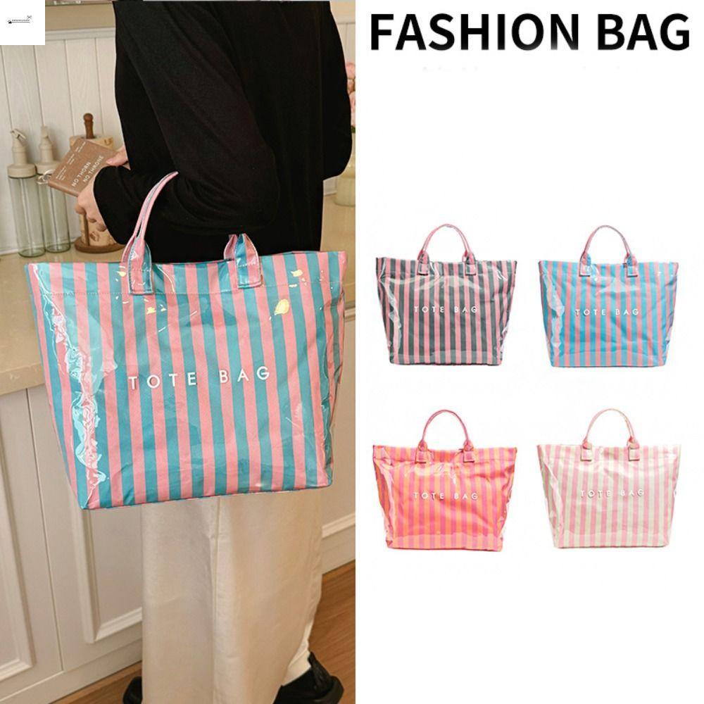 STATIONERYSTUDIO PVC Striped Tote Bag,กันน้ําลายกระเป๋าเยลลี่ใส,พิมพ์ตัวอักษรความจุขนาดใหญ่กระเป๋ากระเป๋าถือกลางแจ้ง