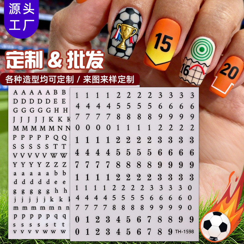 Zhengxiang Simple Letter Number Nail Sticker Mix Match รหัสกาว 3D สีดําสีขาว Hot Silver Nails Sticke