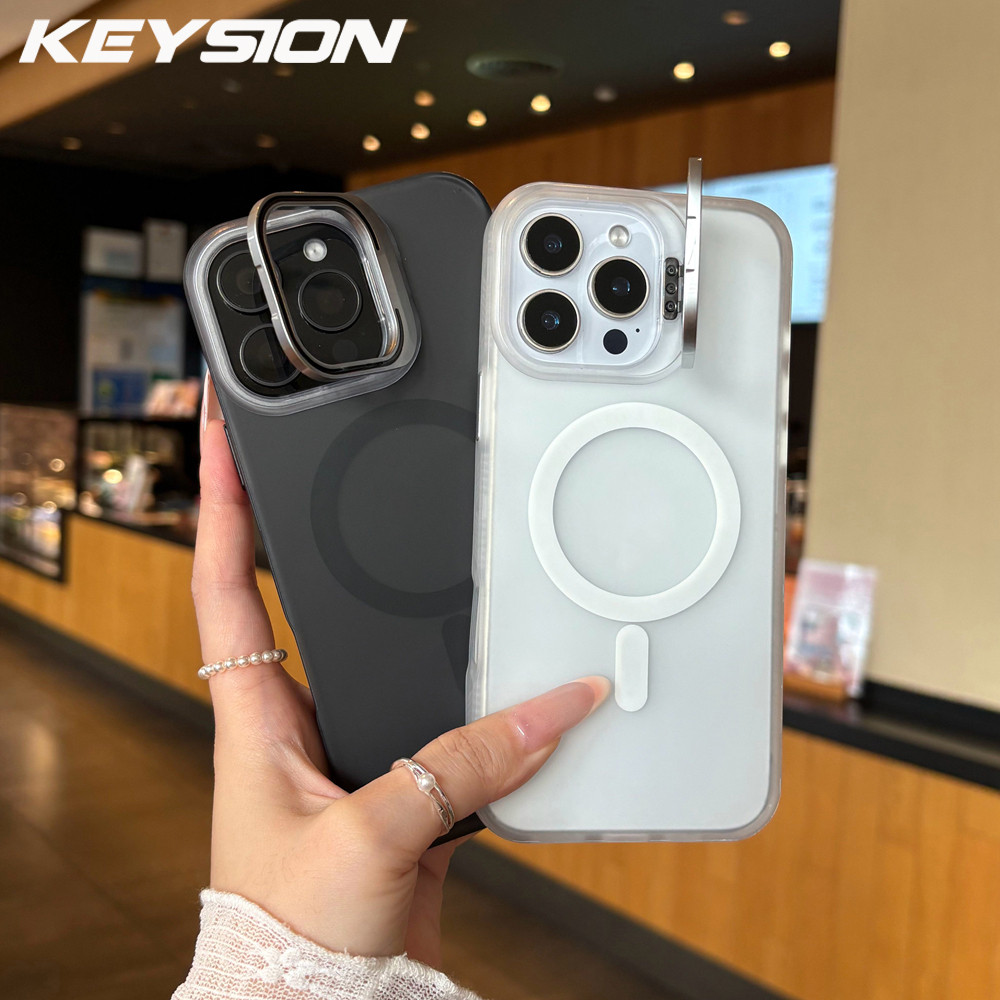 KEYSION Matte เลนส์โปร่งแสงขาตั้งเคสโทรศัพท์สําหรับ iPhone 13 14 15 Pro Max แม่เหล็กกันกระแทกฝาหลัง