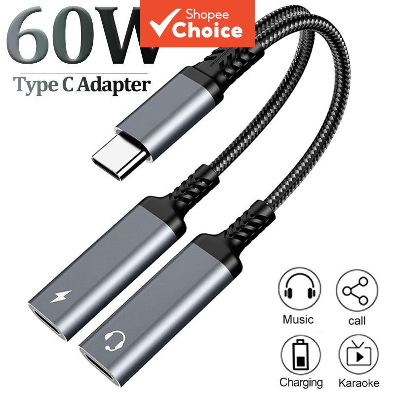 USB-C 2-in-1 OTG Splitter แจ็คหูฟังคู่และ PD 60W Fast Charging Adapter สําหรับโทรศัพท์