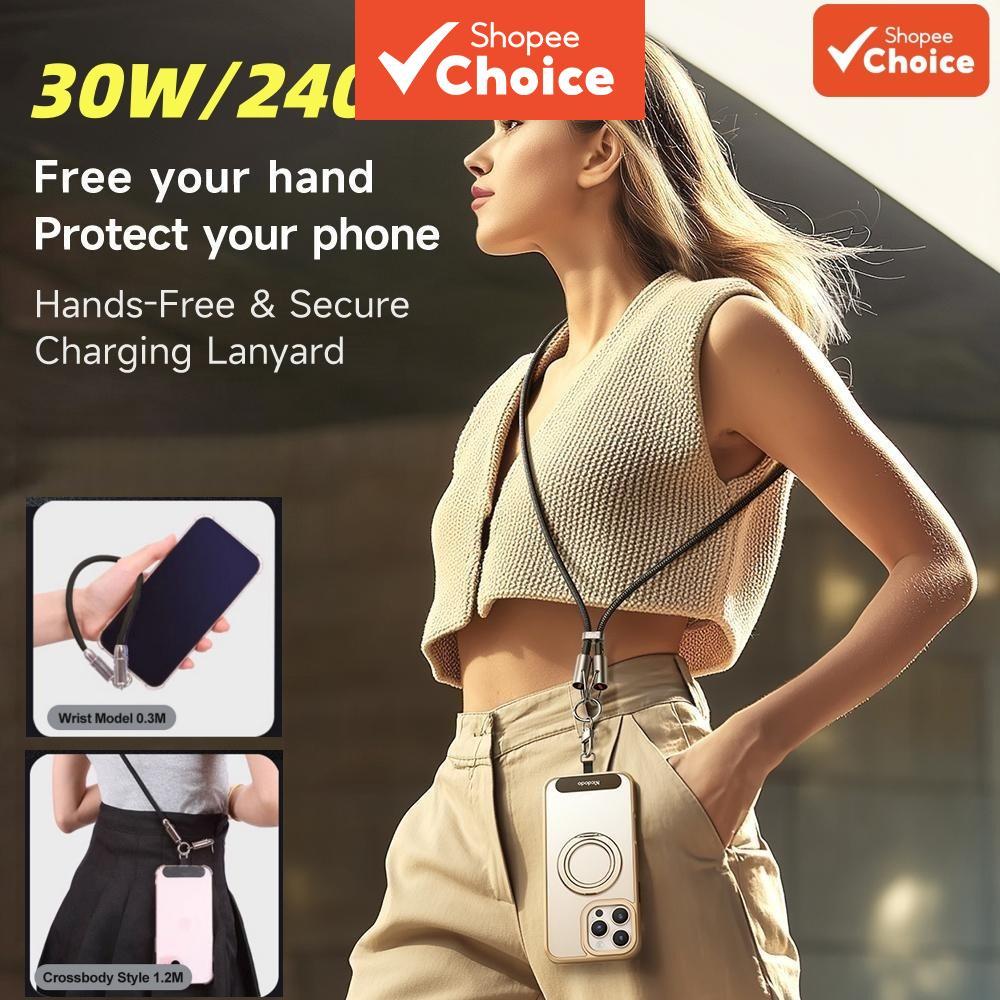 สายชาร์จเร็ว PD 240W พกพาสะดวก พร้อมเชือกคล้องคอแบบ 2-in-1 สายถัก Type-C ยาว 0.3/1.2 เมตร สําหรับมือ