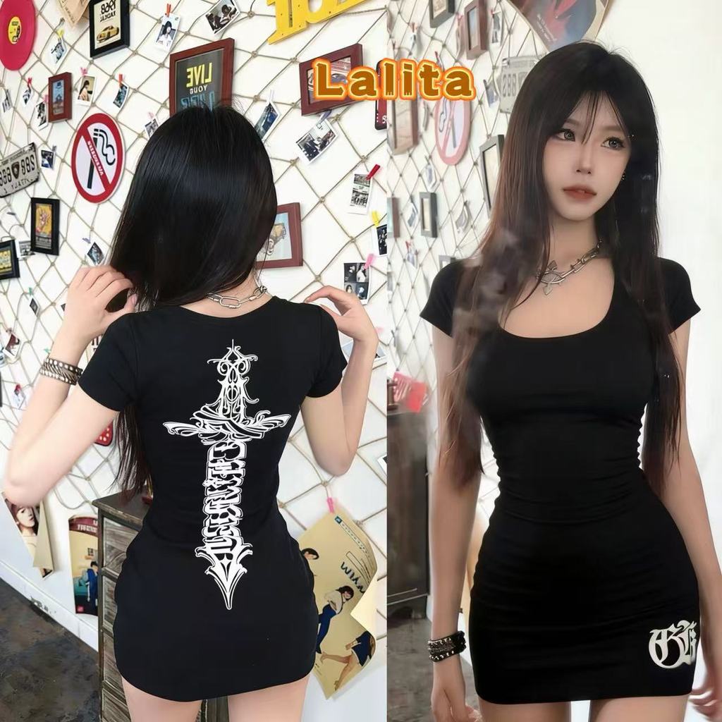 Lalita ส่งไวจากไทย เสื้อยืดผู้หญิง แขนสั้น ลายกางเขน สไตล์อเมริกัน เซ็กซี่ น่ารัก