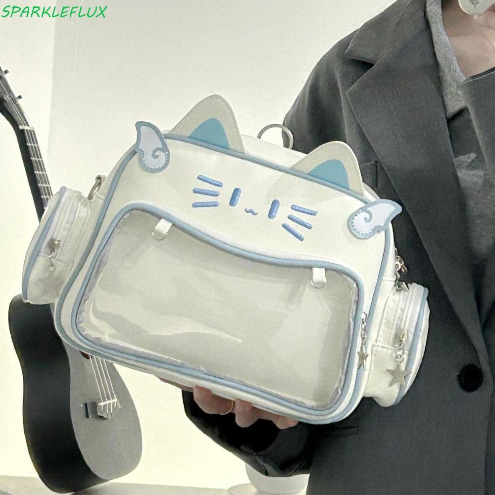SPARKLEFLUX แมวน่ารัก Itabag, Adge Display JK Kawaii กระเป๋าโปร่งใส,หวานอะนิเมะ Badge แสดง Preppy สไตล์ PU หนังตุ๊กตา Tote กระเป๋าสาว