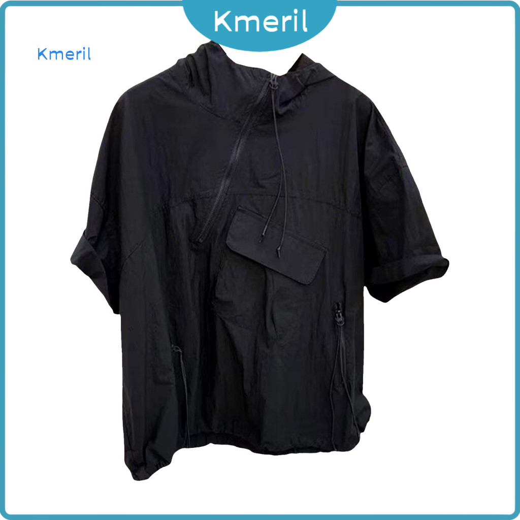 ผู้ชายเสื้อผู้ชายสีทึบด้านบนฤดูร้อนผู้ชายs Hip Hop Streetwear Hoodie – หลวมพอดีแขนสั้นซิปด้านบนพร้อมสาย Flap Pocket สีทึบ Casual Club Party สวมใส่