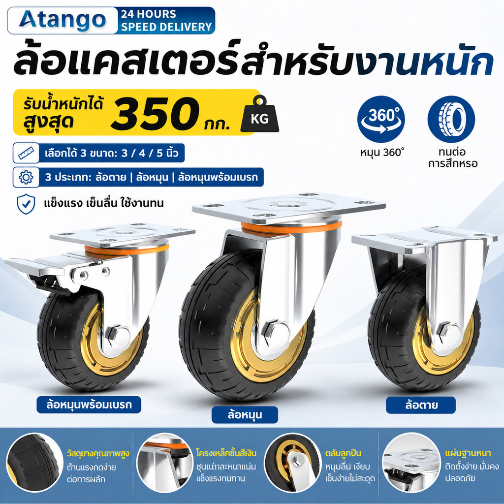 ล้อรถเข็น 3/4/5นิ้ว ล้อยาง ล้อเลื่อน ล้อมีเบรค โพลียูรีเทนสีดำ สำหรับงานหนัก เข็นลื่น เงียบ ทนสึกหรอ ใช้งานได้นาน