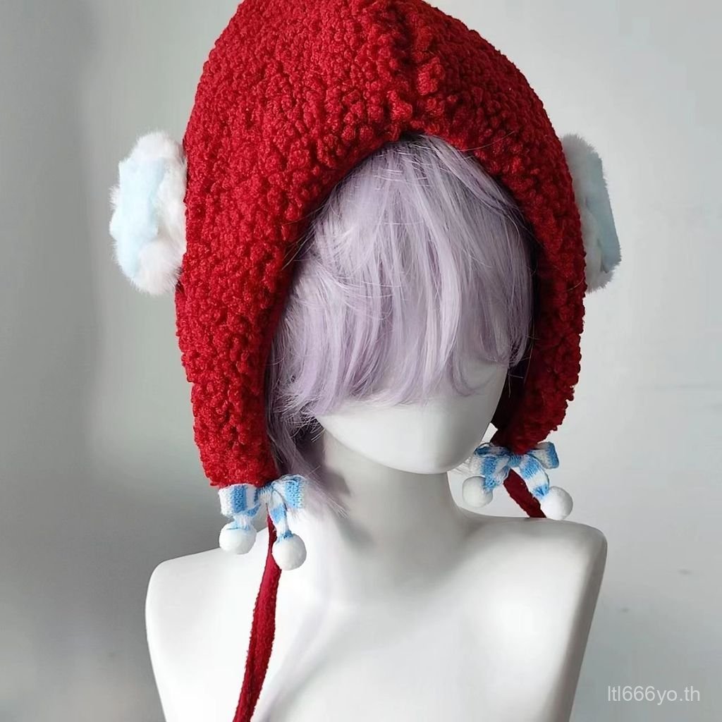 ยอดนิยม Sweet Plush Star Aqua Color Bow Lamb Wool Hat Asian Culture y2k Warm Little Red Riding Hood 