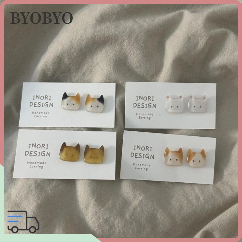 BYOBYO บายโย 1คู่ต่างหูสตั๊ด,เรซิ่นแมวแมวต่างหูสตั๊ด,แฟชั่นบุคลิกภาพการออกแบบสแตนเลสมินิสไตล์ลูกแมวหูกระดุมพรรคสวมใส่
