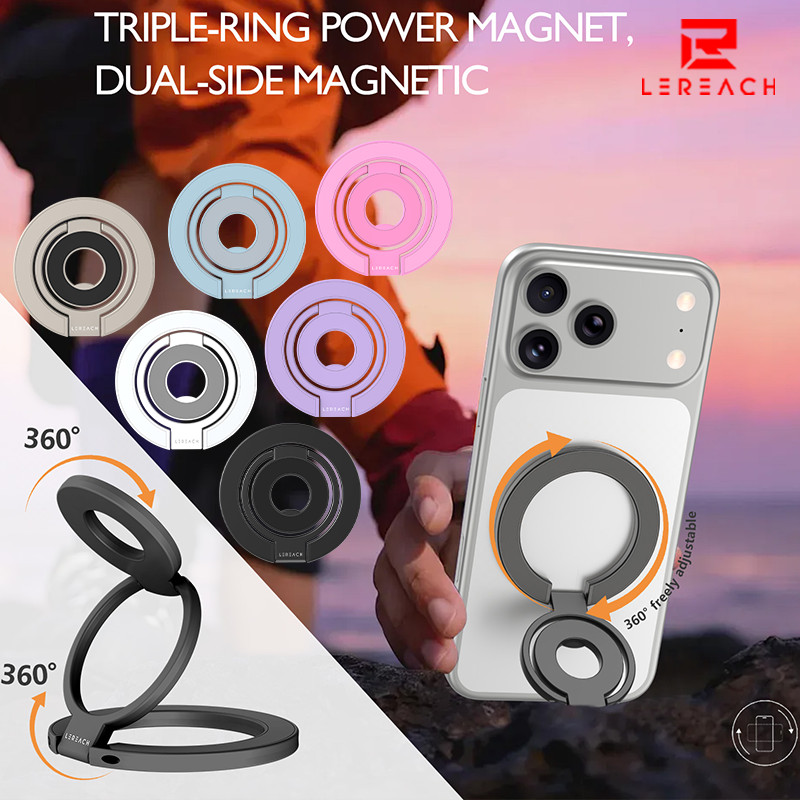 Lereach ที่วางโทรศัพท์แบบแม่เหล็กโลหะผสมสังกะสี 360° Spin, Ultra Strong N52 Magnet Grip Stand พับได้