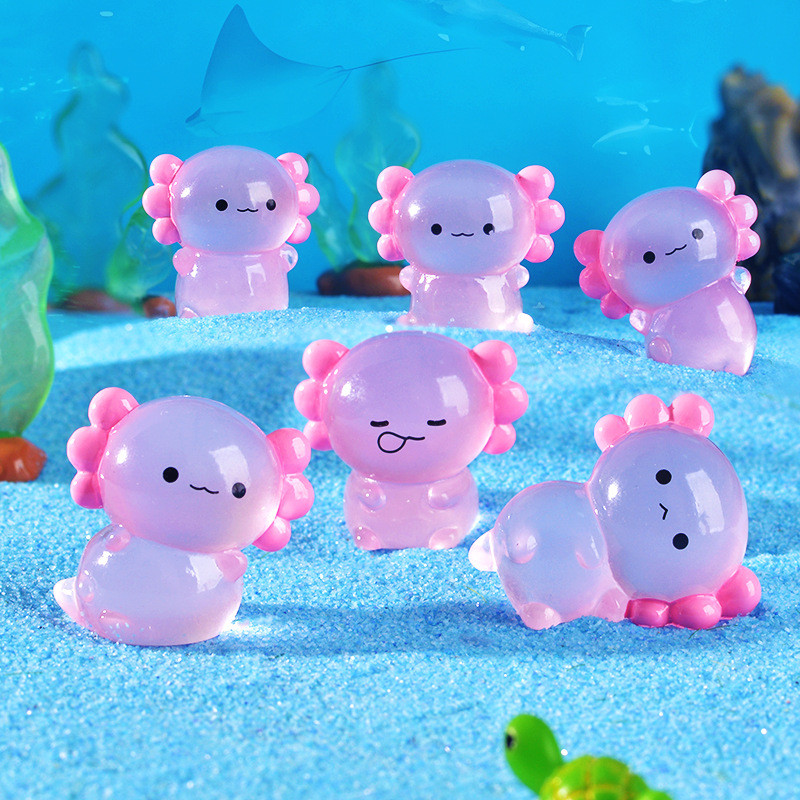 1/6 ชิ้นสีชมพูส่องสว่าง Axolotl Miniatures Glow At Night สัตว์น่ารักถังปลา Moss