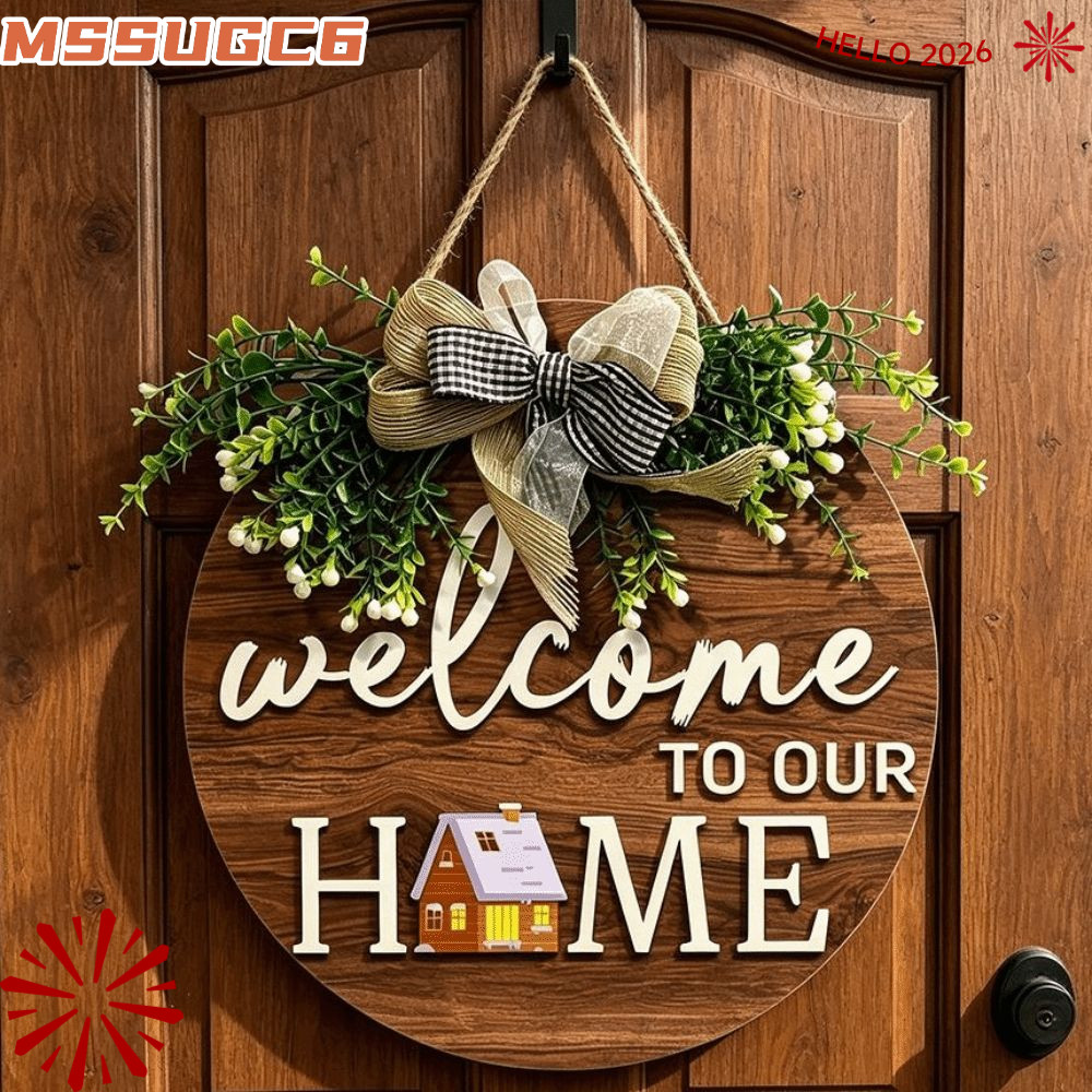 IMSSUG ป้ายต้อนรับทรงกลม 2D, สไตล์ย้อนยุค Warm Home Round Doorplate, 2D แบนแขวนไม้กระดานประตูด้านหน้าตกแต่ง