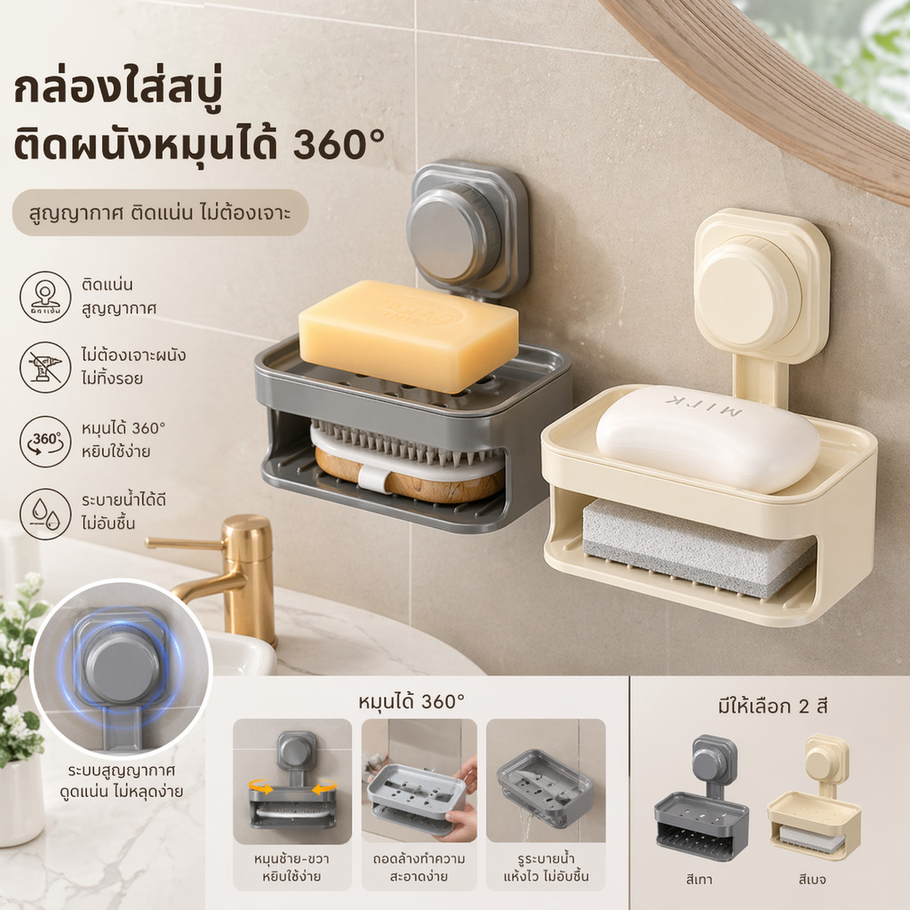 CozyBaan ที่วางสบู่ติดผนัง ไม่ต้องเจาะผนัง หมุนได้ 360 องศา ชั้นวางสบู่ 2 ชั้น ติดแน่น ทนทาน สไตล์มินิมอล ราคา ถูกที่สุด ดีลบีเคเค