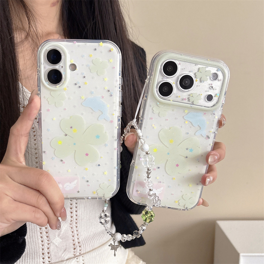 Ins Leaf Clover Dolphin เหมาะสําหรับเคสโทรศัพท์ iphone 17 17 Promax ใหม่ 16 Pro เคสป้องกันป้องกันการตก 15 ซิลิโคนรวมทุกอย่างความรู้สึกระดับไฮเอนด์เฉพาะพร้อมเปลือกนิ่มโซ่