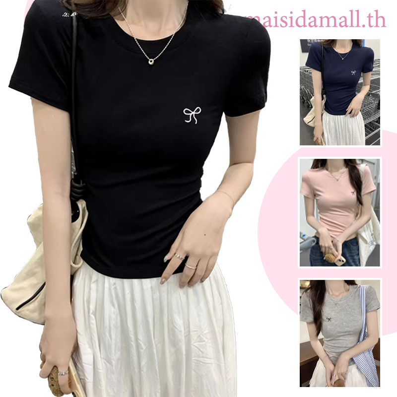 【ส่งไวจากไทย】MSD เสื้อโบว์น่ารัก เสื้อยืดแขนสั้น หญิง สไตล์ใหม่ เข้ารูปพอดี คอกลม กับงานปักโบว์แบบใหม่