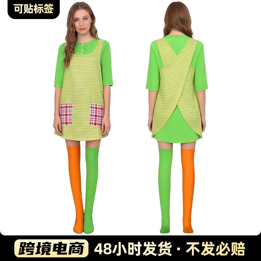 เครื่องแต่งกายcosplayและฮาโลวีนสำหรับเด็กหญิง: ถุงน่องและกระโปรงPippi Longstocking สีเหลืองและเขียว