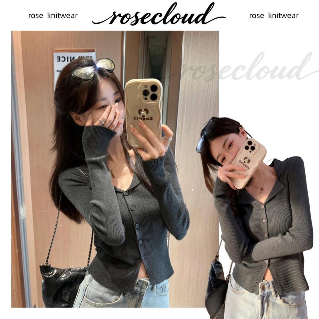 rosecloud เสื้อสเวตเตอร์ถักคอโปโลแขนยาวสำหรับผู้หญิง ทรงเข้ารูป สวมใส่เป็นชั้นใน