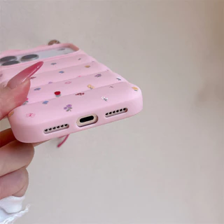 สําหรับ iPhone 17Pro Max 16 Pro Max 15 14 15Pro Max แฟชั่นเกาหลีสีม่วงสีชมพูลายดอกไม้ปกน่ารัก 3D กระต่ายหูลงเสื้อซิลิโคนกันกระแทกกรณี