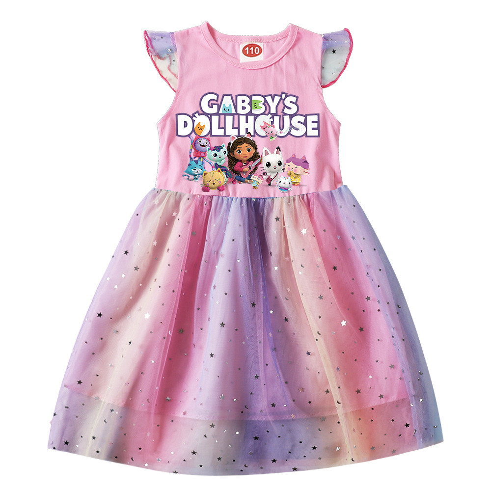 Gabbys Dollhouse Kids Girls Dress 2-10 ปี Ombre Tulle Star Sequins Dress