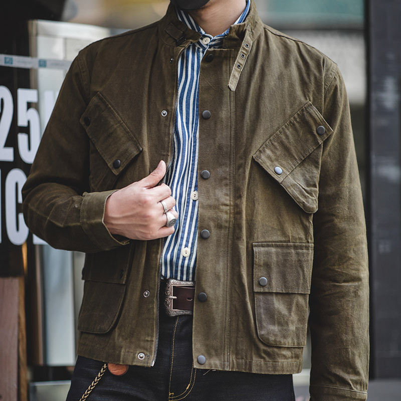 American Retro Heavy Motorcycle Riding Oil Wax Jacket Men Ami Khaki Multi-Pocket Tough Guy Canvas Ca