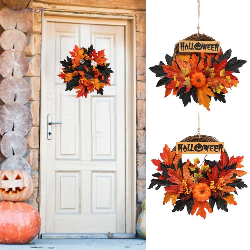 ELMER พวงหรีดดอกไม้ Maple Leaf Handmade สําหรับประตูด้านหน้า Halloween Pumpkin Home Decor