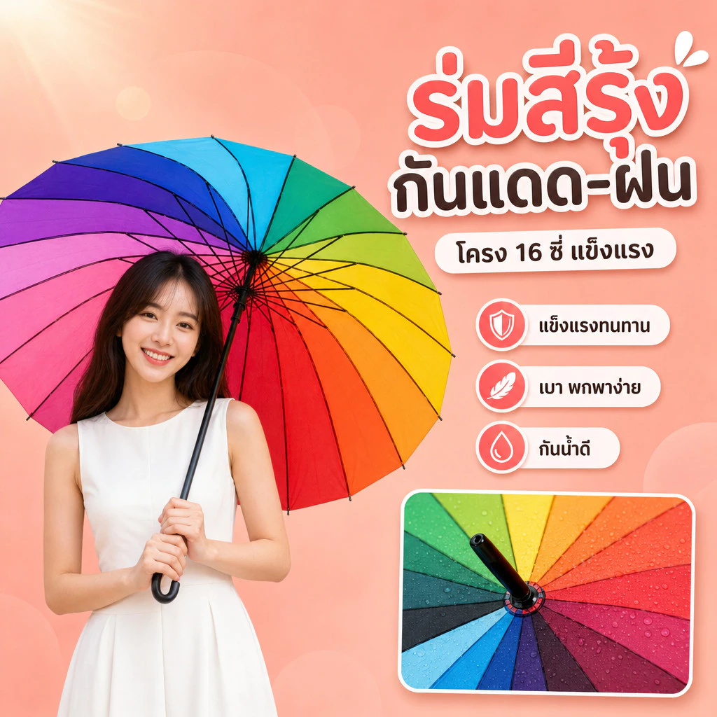 ร่มด้ามยาวกันฝนกันแดด ร่มสายรุ้งสีพาสเทลขนาดใหญ่