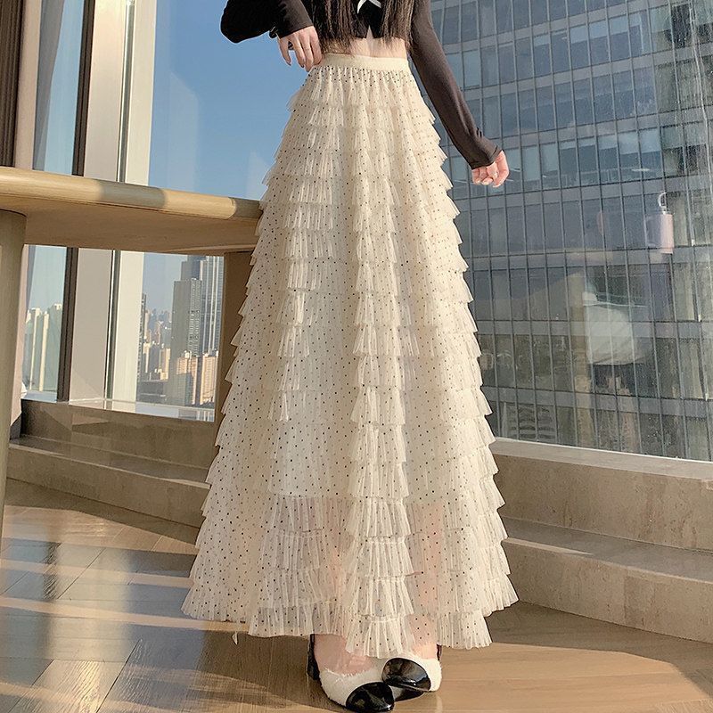 Qooth Polka Dot Tulle Tiered เค้ก Maxi กระโปรง A-Line กระโปรงยาวกระชับสัดส่วน QT2897