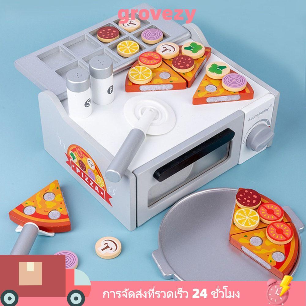 GROVEZY Montessori ของเล่นไม้ เตาอบพิซซ่าไม้ DIY ห้องครัวจําลองการ์ตูนหลากสี
