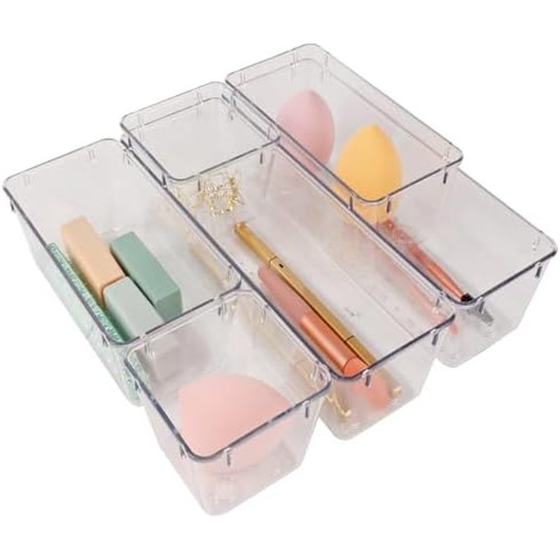 6 Pack Clear Drawer Organizer Set,Desk Drawer Storage Tray,Vanity Organizer Storage Bins Containers