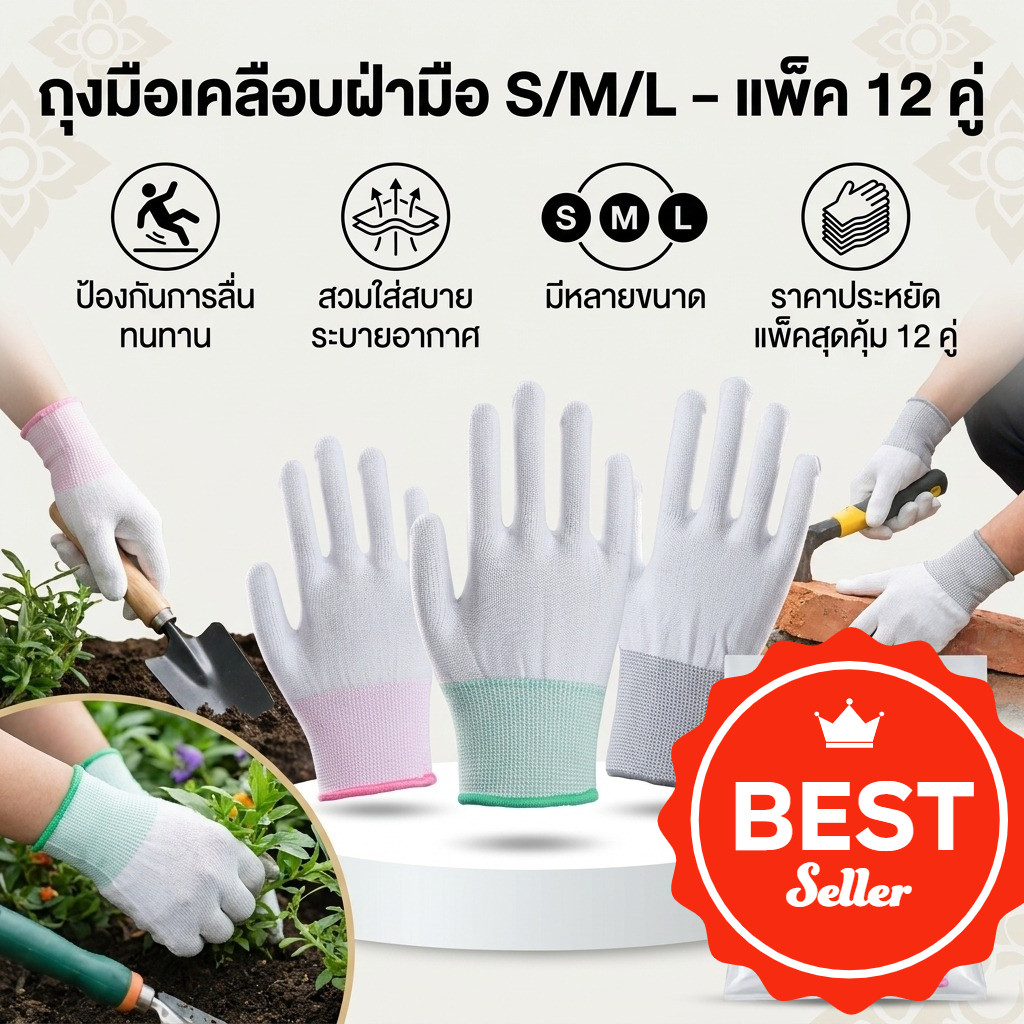 ถุงมือ PU เคลือบเต็มฝ่ามือ🧤12คู่ ยกแพ็ค ระบายอากาศได้ดี ถุงมือช่าง ถุงมือทำสวน กันลื่น ถุงมือไนล่อนถุงมือผ้า แบบ1แพ็ค