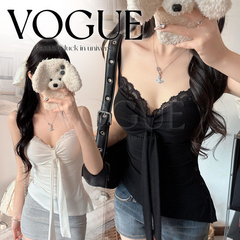 Vogue🌟พร้อมส่ง🌟 เสื้อสายเดี่ยวแต่งลูกไม้ ช่วงอกแต่งโบว์ ผ้ายืดยุ่น มีฟองน้ำในตัว (FY2001)
