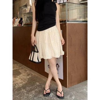 Cicishop(Q2613) กระโปรงลายจุดผ้าชีฟอง ดีเทลแต่งระบาย มีซับใน เอวสม็อค สไตล์สาวเกาหลี