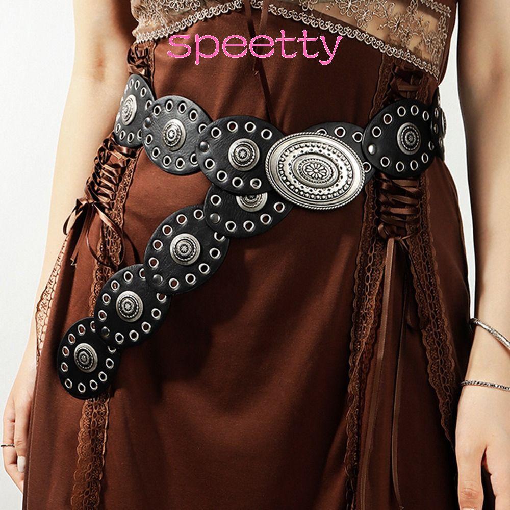 SPETTY Disc Belt, Vintage Soft Western Style Hollow Belt, Y2K Hollow Disc Belt Metal Buckle Ellipses