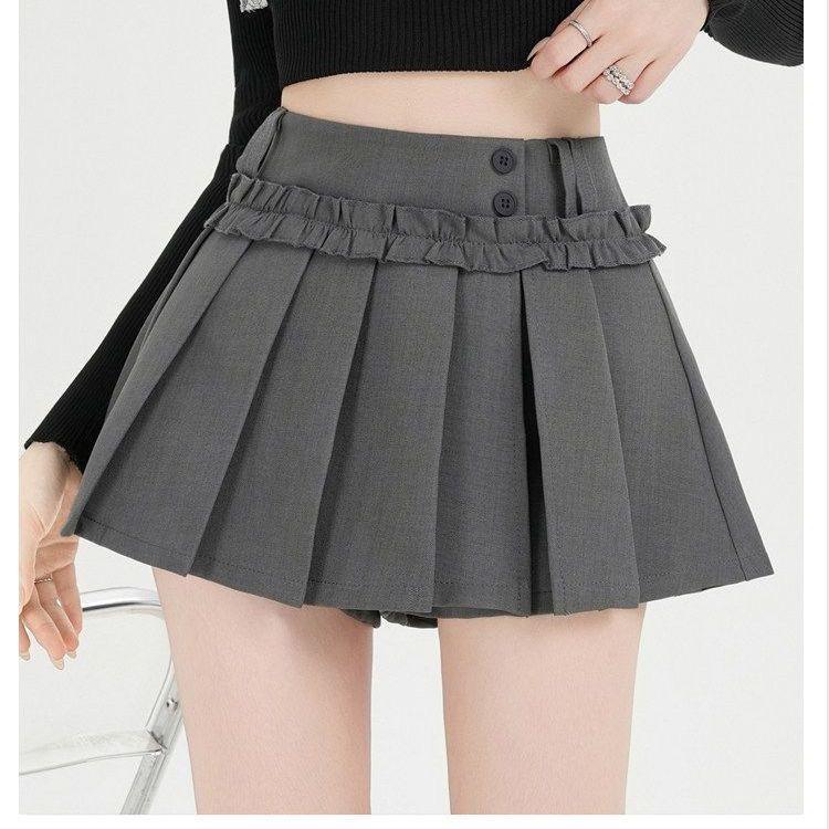 ฤดูร้อนใหม่เกาหลีเรียบง่ายและน่ารักอารมณ์เอวสูงจีบกระโปรงไม้หูลูกไม้ A-shape กระโปรงสั้นบางผู้หญิง