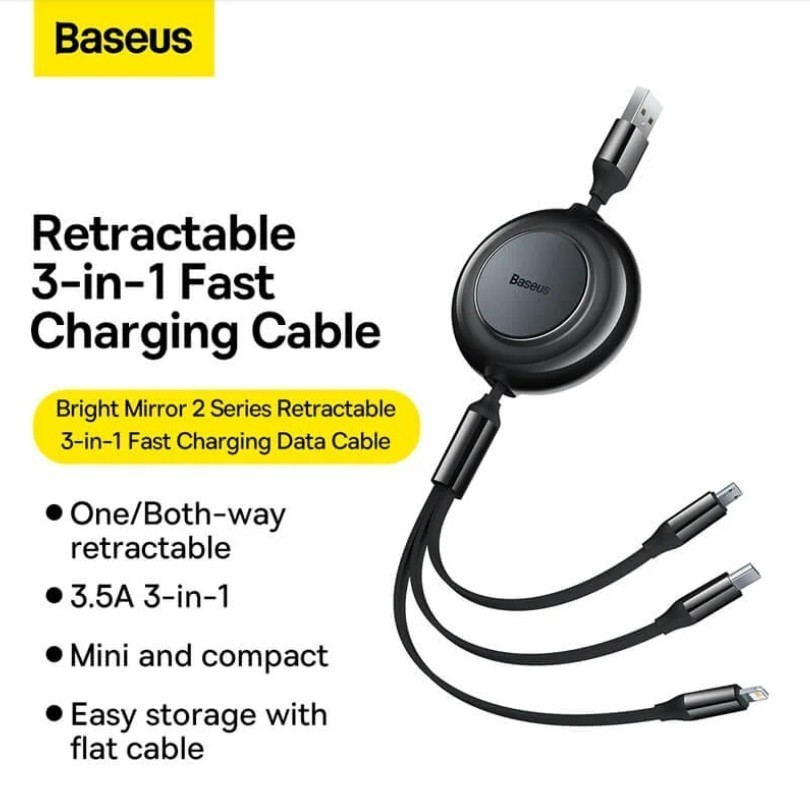 BASEUS Bright Mirror 2 Series Retractable 3in1 USB to M+L+C 3.5A 1.1M ของแท้