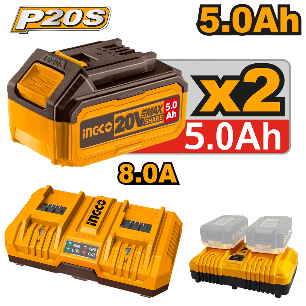 INGCO ชุดแบตเตอร์รี่ 20V ขนาด 5ah*2ก้อน  และแท่นชาร์จแบตเตอรี่แบบเร็ว แบบ 2 ช่อง4A + 4A ( 8A)  รุ่น  FBLI20031+ FCLI2082