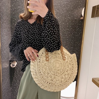 HB8 Handmade Circle Straw Totes Hollow ดอกไม้ถัก Soft Big Totes กระเป๋าสะพายช้อปปิ้ง