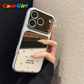 สำหรับ iPhone 15 11 13 14 16 12 17 Pro Max 16 15 Plus เคสกระจกเงินขอบเงิน ลายจุดดำโมเดิร์น บนพื้นผิวกระจกเงา
