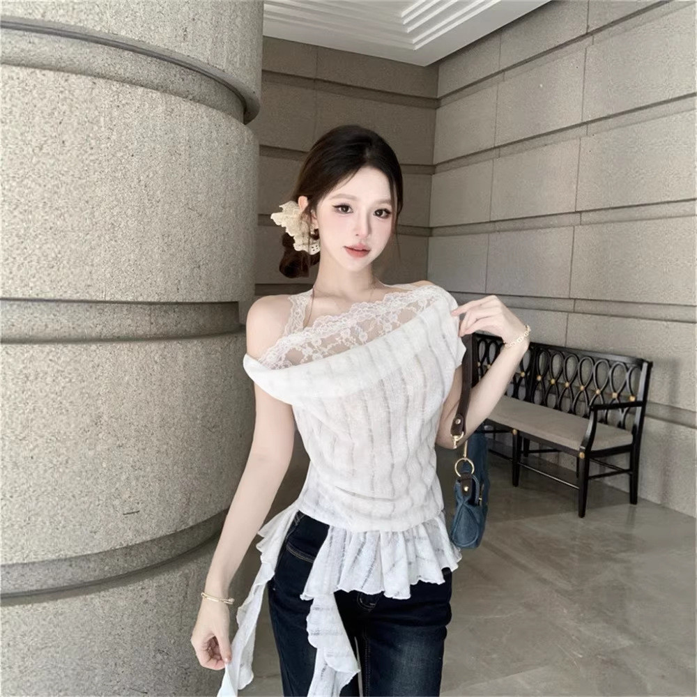 MYCASSI Womens Off Shoulder T-Shirt White Lace Slim Fitไม่สมมาตร Top with Premium Beautiful Ruffle R