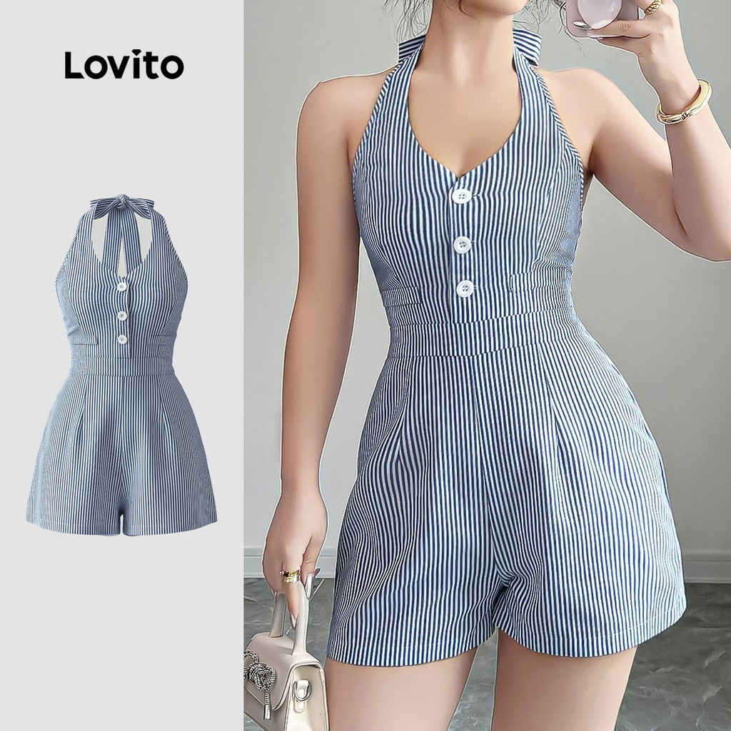 Lovito จั๊มสูทลําลอง กระดุมหน้า ผูกเชือก สีฟ้า ขาว สําหรับผู้หญิง ฤดูใบไม้ผลิ/ฤดูร้อน LK4ED657