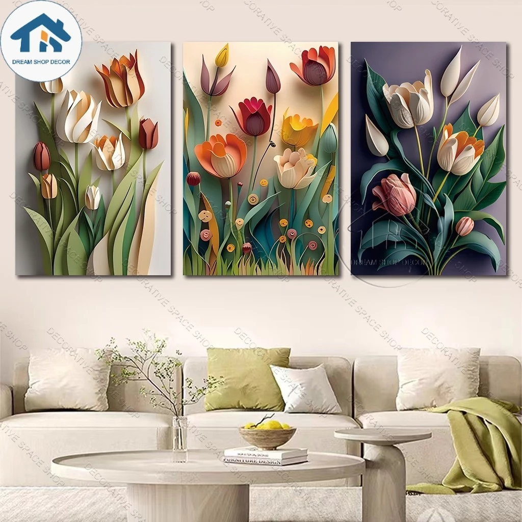 ชุดภาพวาดตกแต่งผนัง 3 ชิ้น ลายดอกไม้ 3D เสมือนจริง สไตล์สุนทรียภาพ ตกแต่งห้องรับแขก