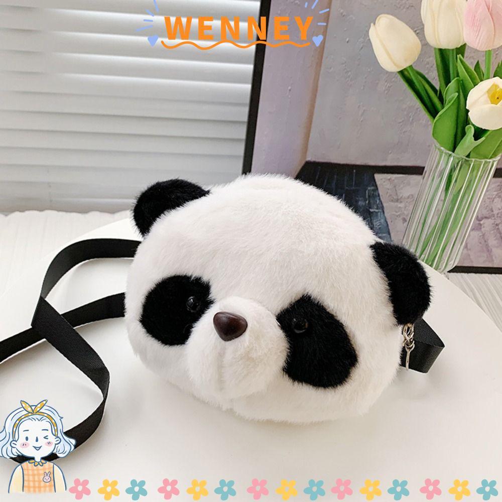 WEY Plush Panda Crossbody Bag,กระเป๋าโทรศัพท์การ์ตูนน้ําหนักเบา,ผ้าตุ๊กตาปุยนุ่มสายรัดปรับได้กระเป๋าใส่เหรียญอุปกรณ์เสริมของผู้หญิง