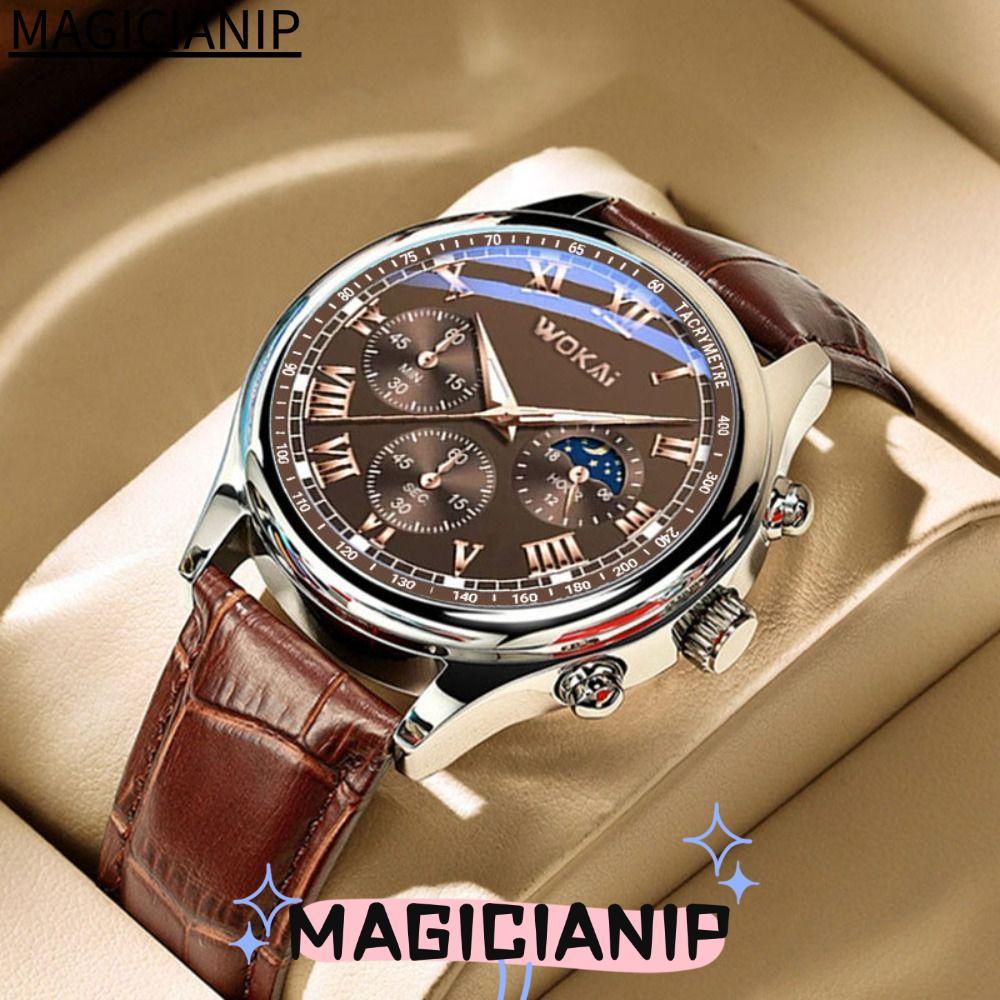 MAGICIANIP นาฬิกาข้อมือผู้ชาย,สายนาฬิกา PU นาฬิกาควอตซ์แบบสปอร์ต,ธุรกิจลําลองหกพินหรูหรา